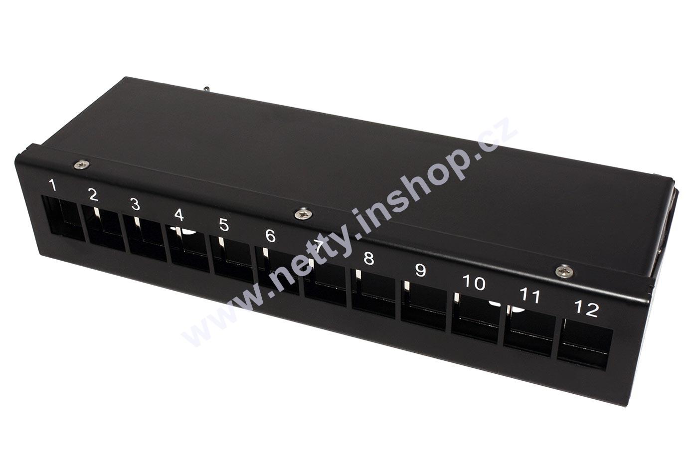 Patch panel pro keystone moduly UTP/STP, neosazený, černý, 12 portů, pro povrchovou montáž