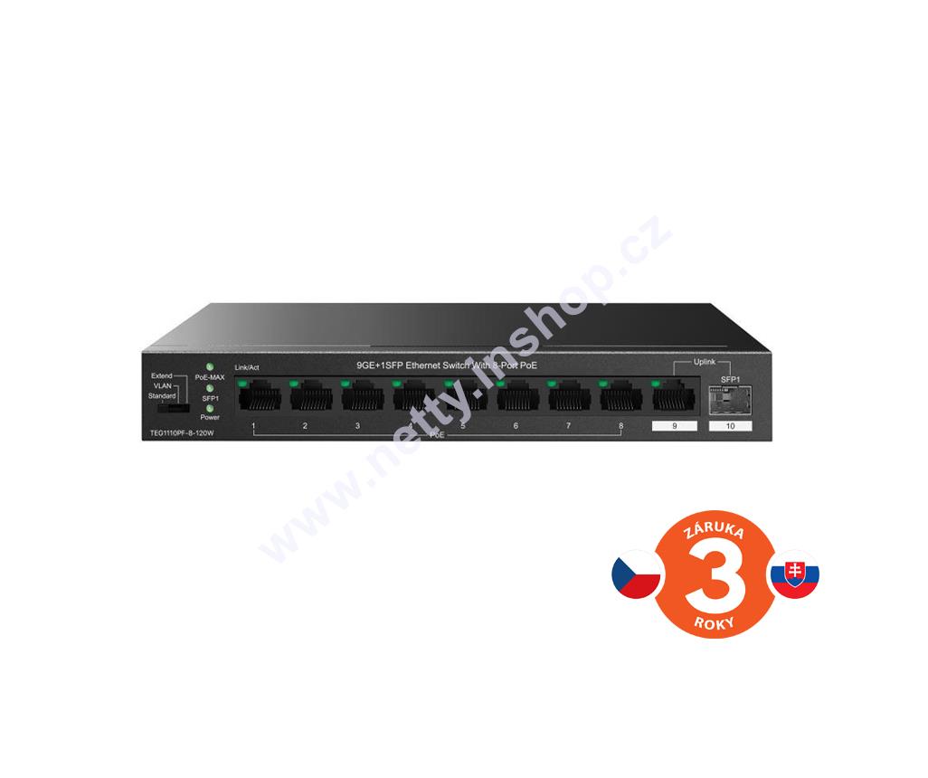 Tenda TEG1110PF-8-120W, 9×RJ45 switch s 8×PoE RJ45 802.3af/at 10/100/1000Mbps + 1×SFP,110W