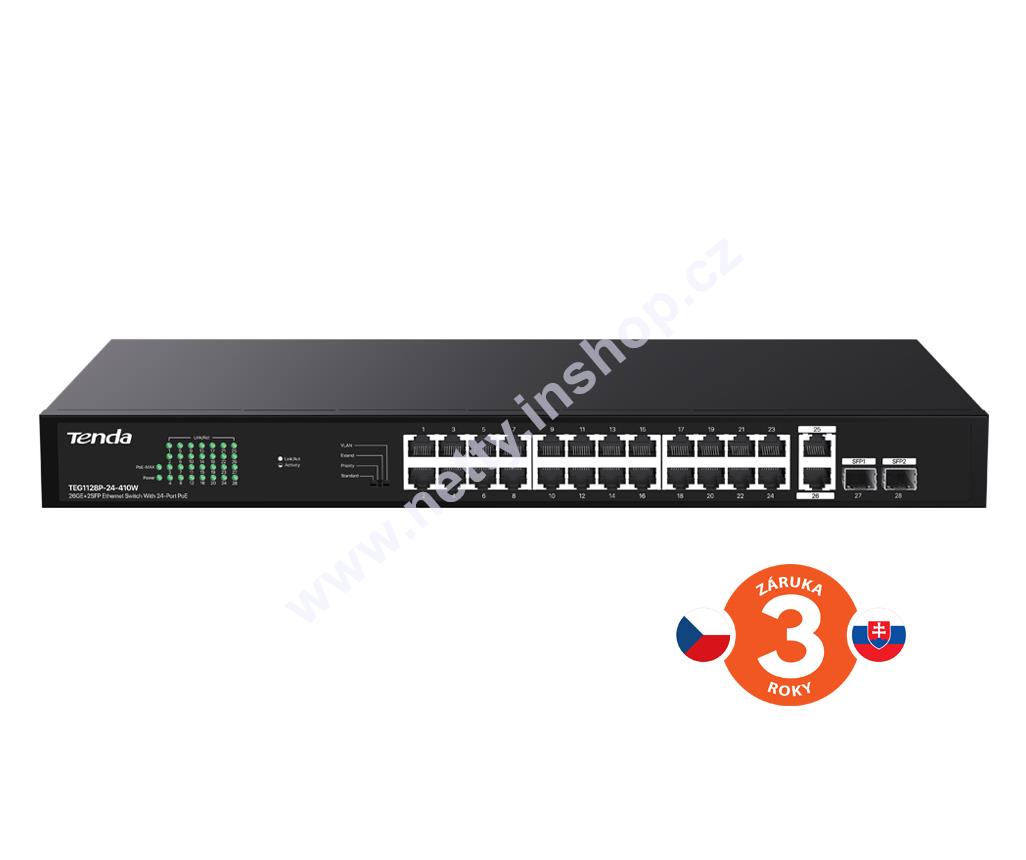 Tenda TEG1128P-24-410W: 24×PoE 802.3af/at 10/100/1000 Mb/s, Uplink 2×RJ45 + 2×SFP. 370 W.
