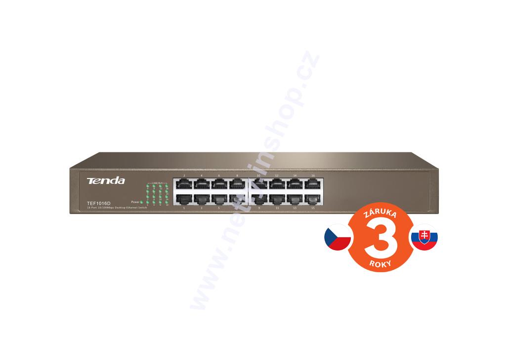 Tenda TEF1016D - 16-port 10/100Mb/s Fast Ethernet Switch, Rackmount, Fanless. kovový plášť