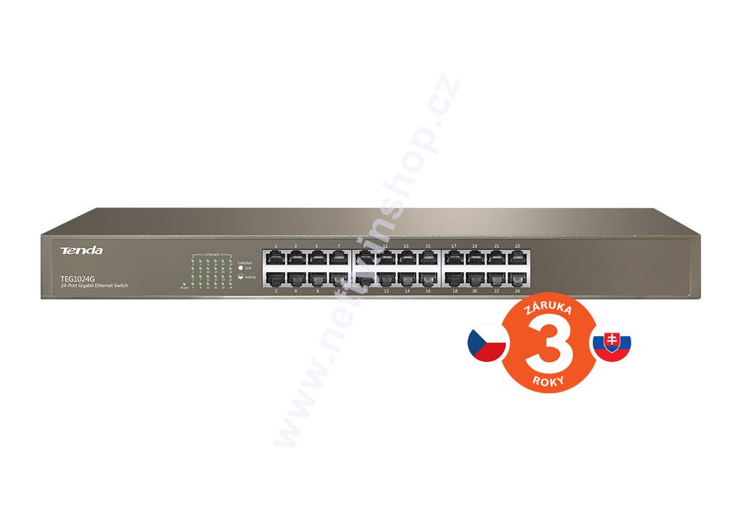 Tenda TEG1024G 24-port Gigabit Ethernet Switch, 10/100/1000 Mbps, Fanless, Rackmount