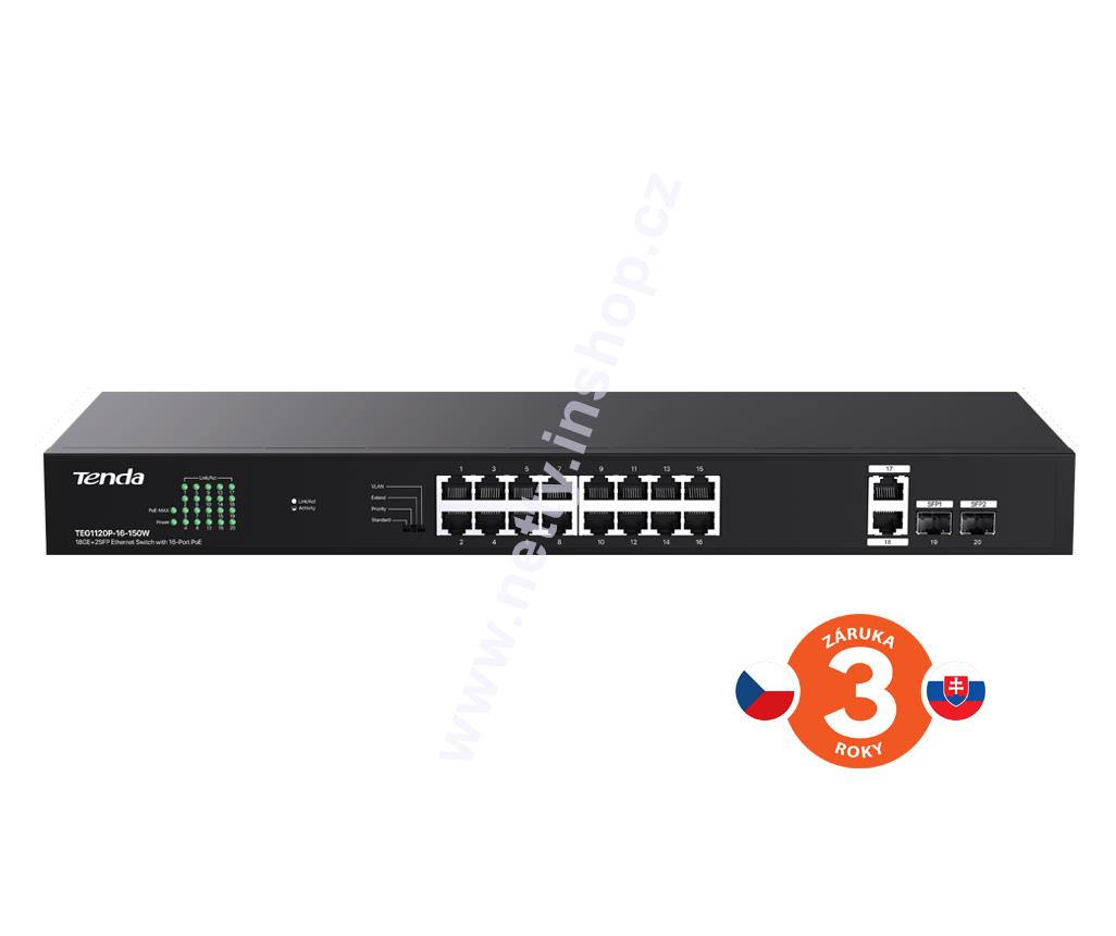 Tenda TEG1120P-16-150W: 16×PoE 802.3af/at 10/100/1000 Mb/s, Uplink 2×RJ45 + 2×SFP, 130 W