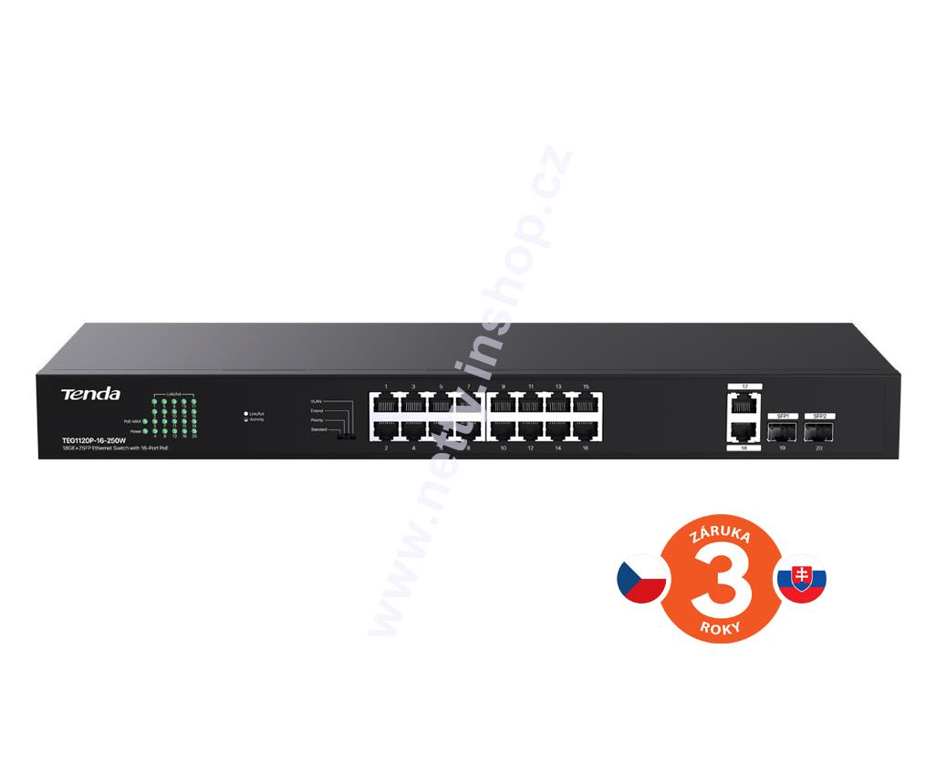 Tenda TEG1120P-16-250W: 16×PoE 802.3af/at 10/100/1000 Mb/s, Uplink 2×RJ45 + 2×SFP, 230 W