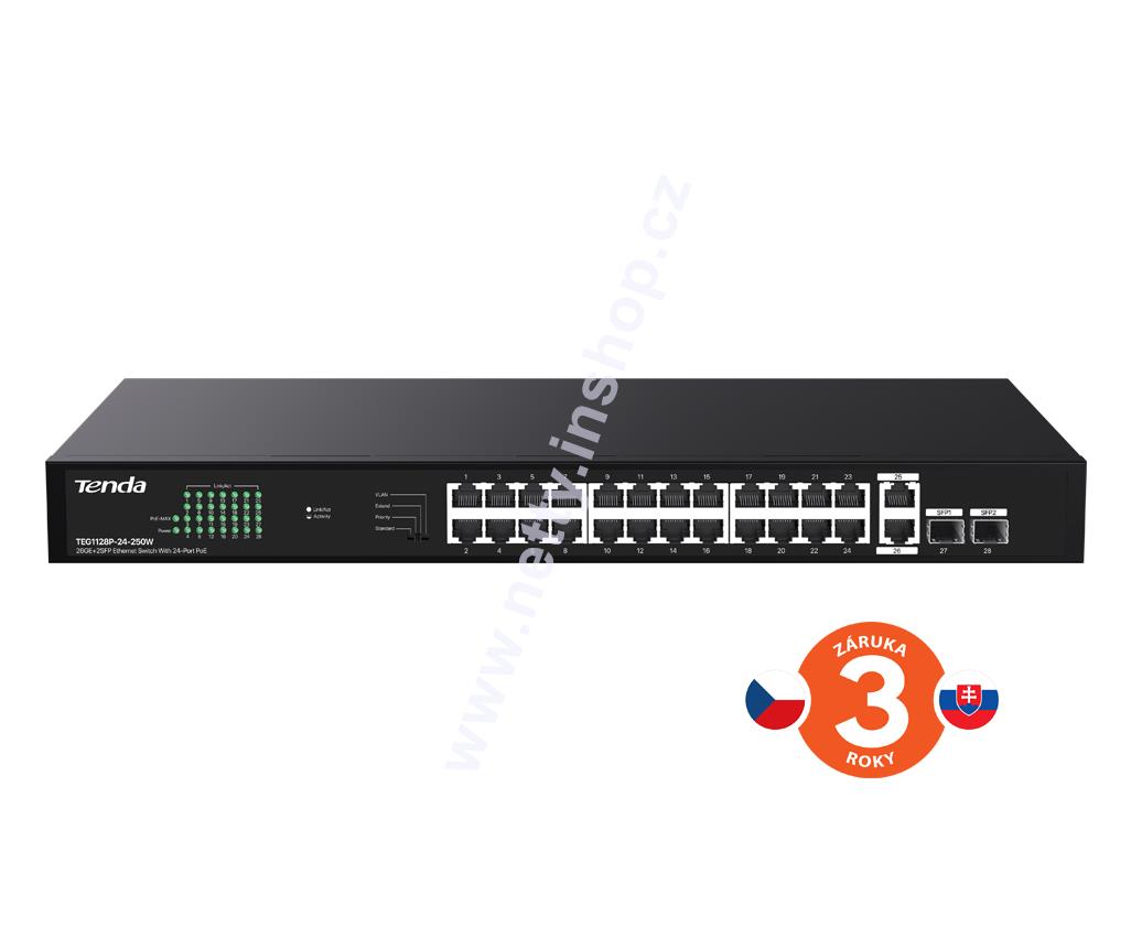 Tenda TEG1128P-24-250W: 24×PoE 802.3af/at 10/100/1000 Mb/s, Uplink 2×RJ45 + 2×SFP. 230 W.